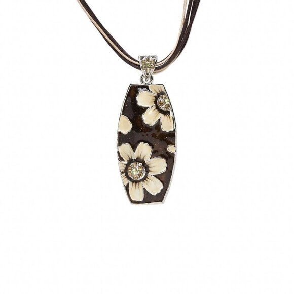 Austrian Crystal Enameled Flowers Tapered Rectangle Cotton Cord Pendant Necklace - Picture 2 of 2